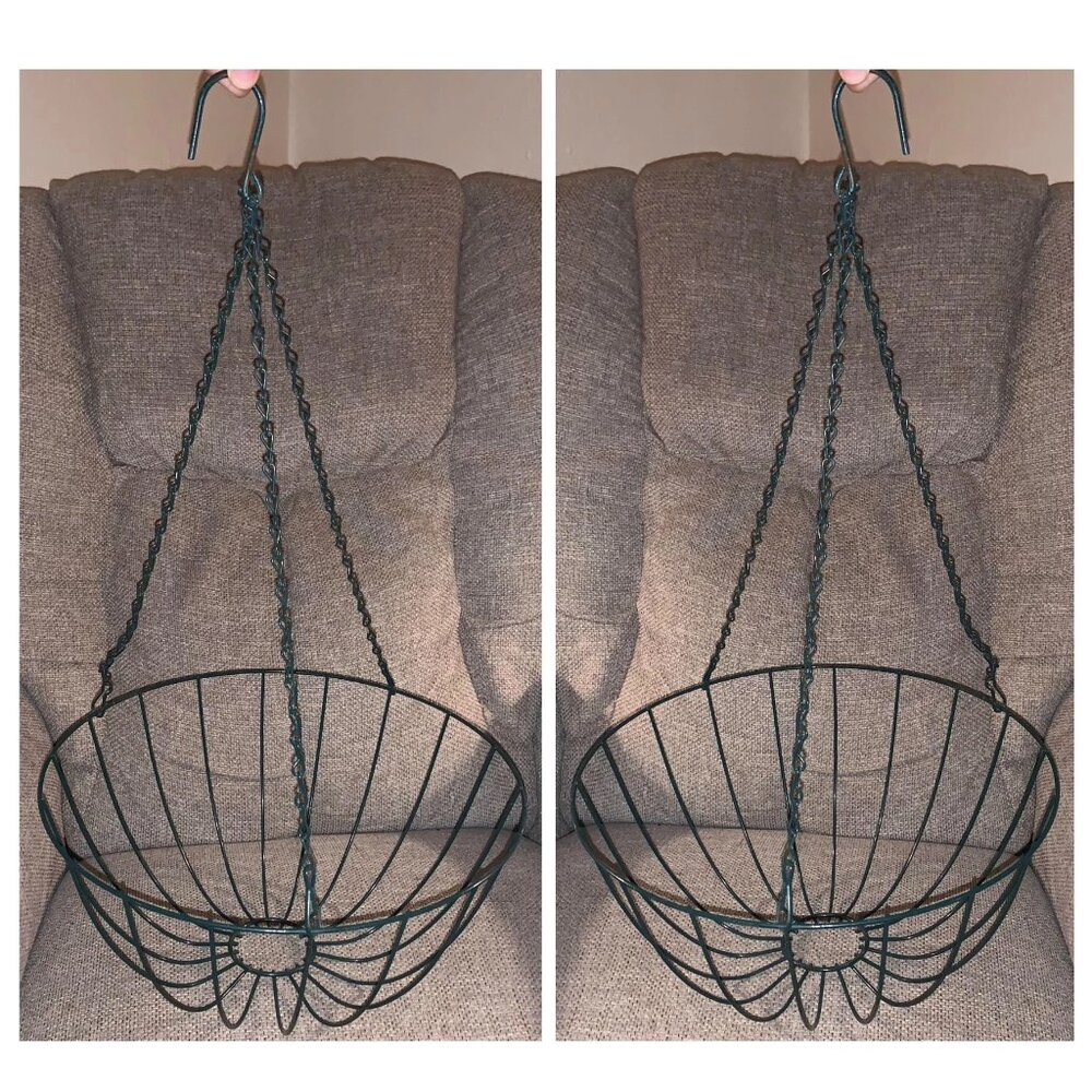 Green Wire Metal Round Hanging Baskets Planters Porch Flowers Rustic (Set of 2)